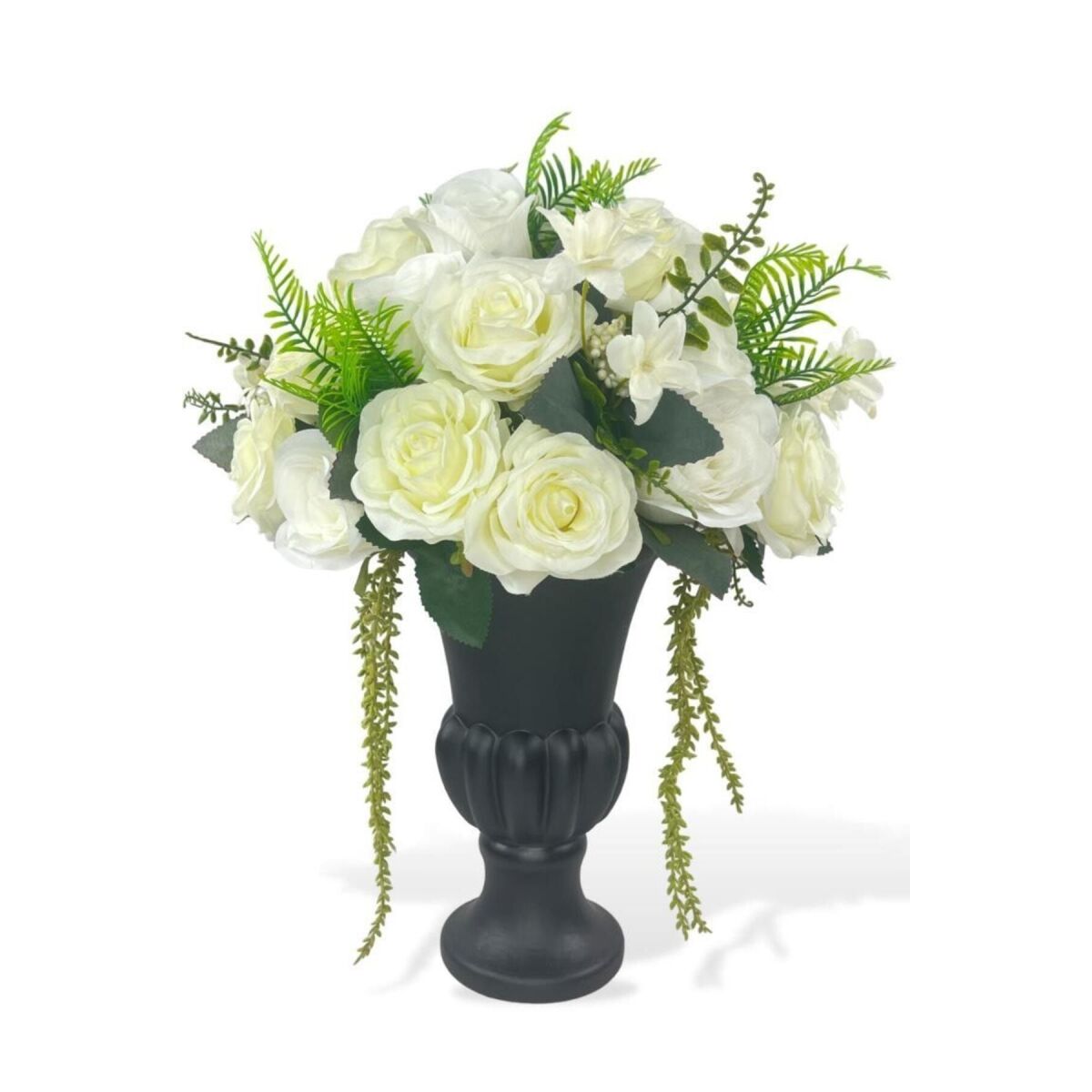 Yapay Çiçek Aranjmanı Siyah Cam Kupa Vazoda Beyaz Gül Şakayık Nişan Çiçeği İsteme Çiçeği