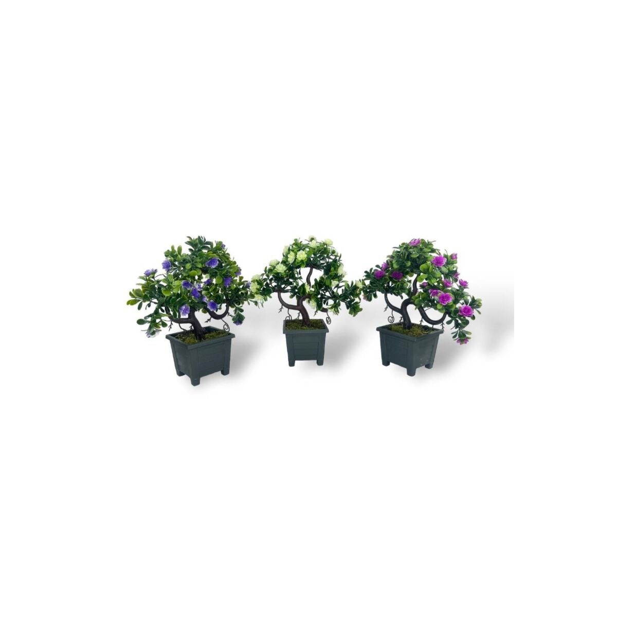 3Lü Set Yapay Çiçek Bonsai Ağacı Çiçekli Model Dekoratif Yapay Ağaç Bonzai 30*15 Cm Siyah Kare Saksı