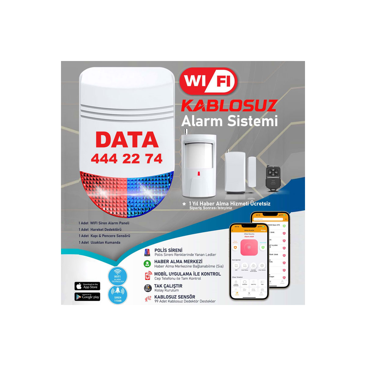 Data Dt-12 Wifi Kablosuz Siren Alarm Sistemi Mobil Uygulamalı