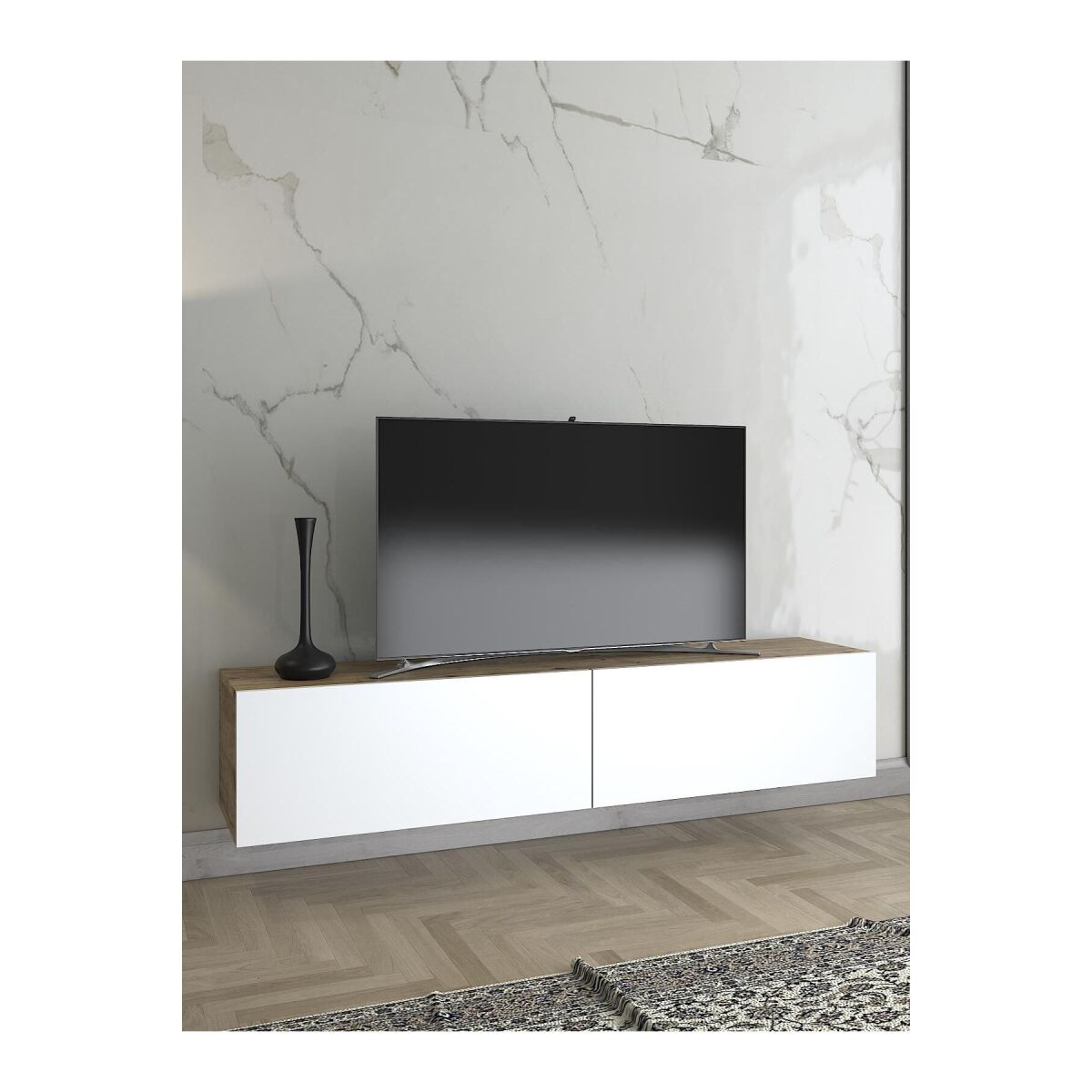 Toprak 150 Cm Duvara Monte Tv Ünitesi - Atlantik Çam - Beyaz / Siyah