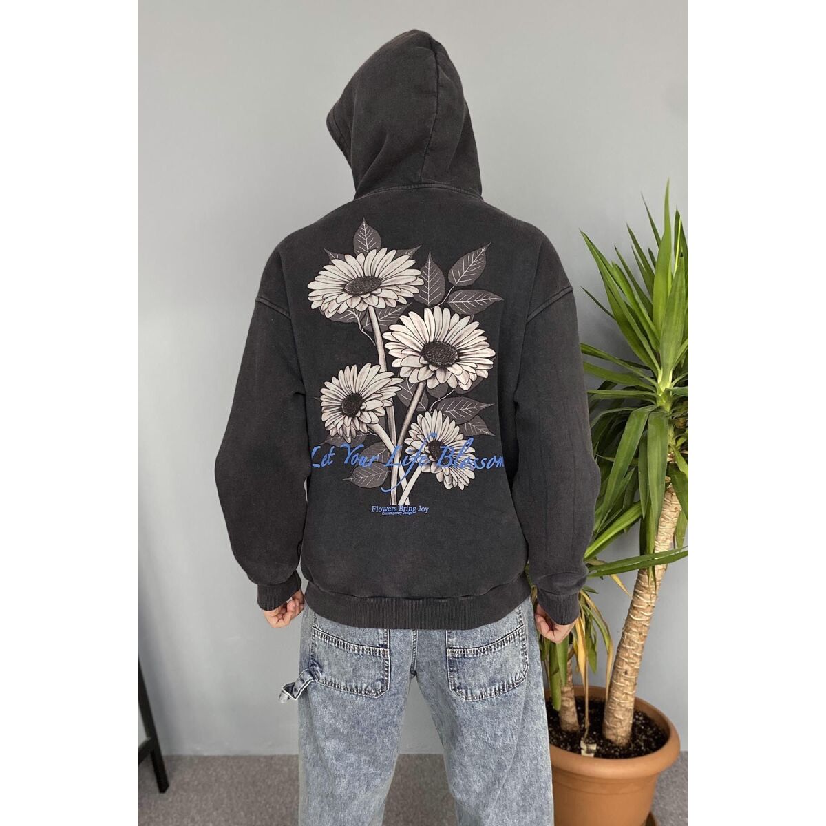 Oversize Çiçek Baskılı Cepli Antrasit Kapüşonlu Sweatshirt