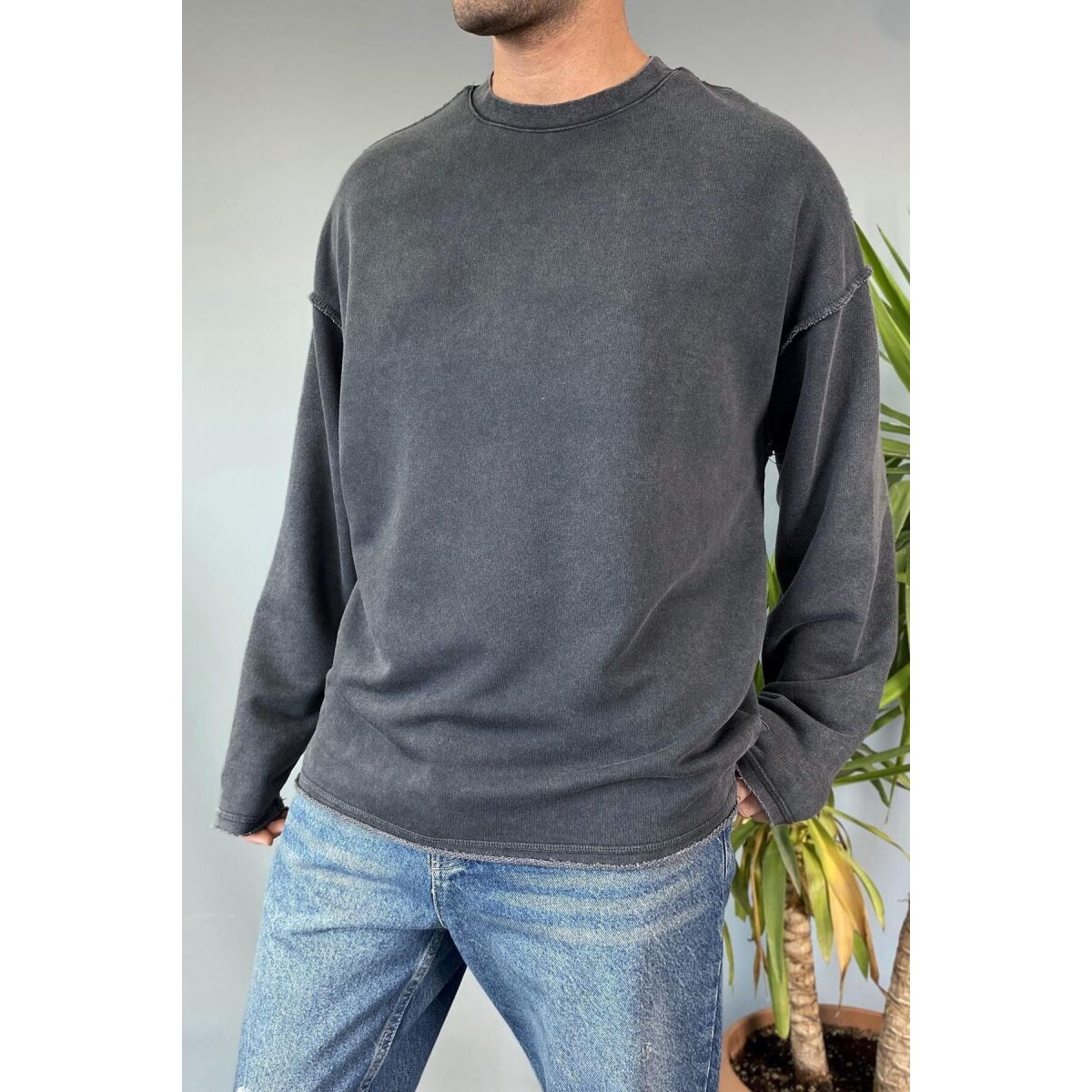 Oversize Antrasit Bisiklet Yaka Yıkamalı Sweatshirt