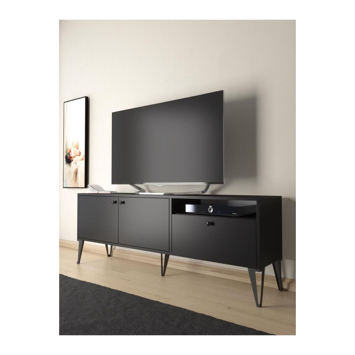 Atoka 160 Cm Metal Ayaklı Dolaplı, Minifiks Bağlantı Tv Ünitesi - Siyah / Siyah