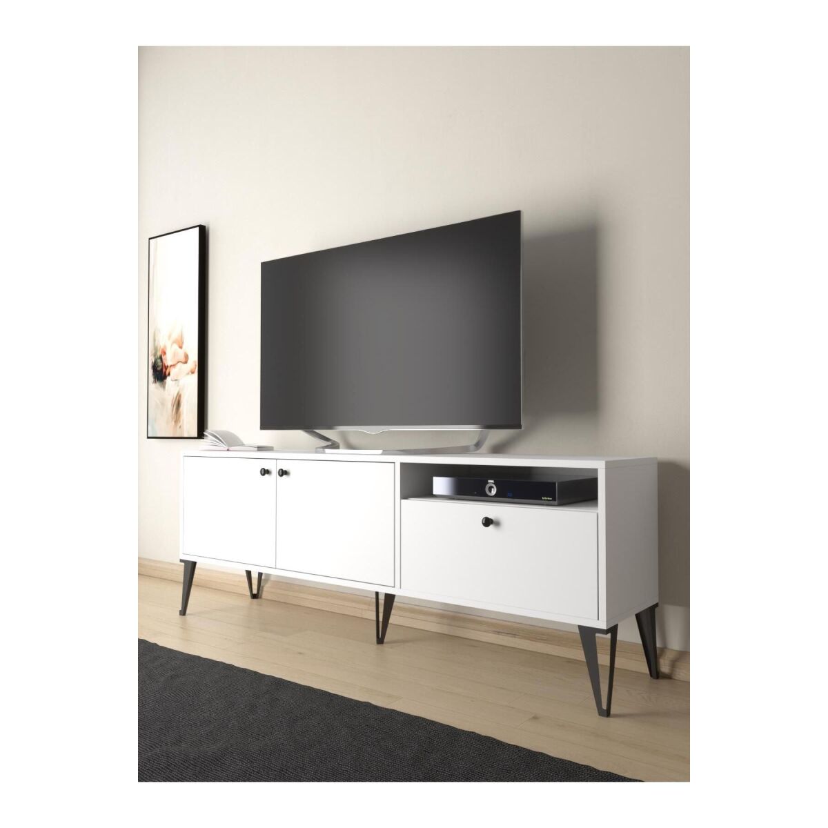 Atoka 160 Cm Metal Ayaklı Dolaplı, Minifiks Bağlantı Tv Ünitesi - Beyaz / Siyah