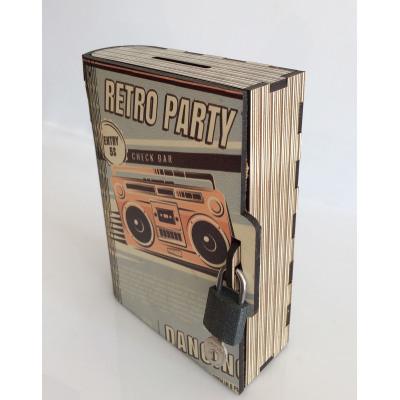 Kitap Kumbara Kilitli Ahşap Kutu Retro Party