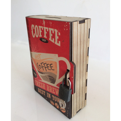 Kitap Kumbara Kilitli Ahşap Kutu Red Coffee