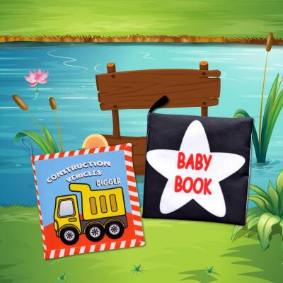 2 Kitap Tox İngilizce Siyah - Beyaz Bebek Ve İş Makinaları Kumaş Sessiz Kitap E118 E136 - Bez Kitap , Eğitici Oyuncak