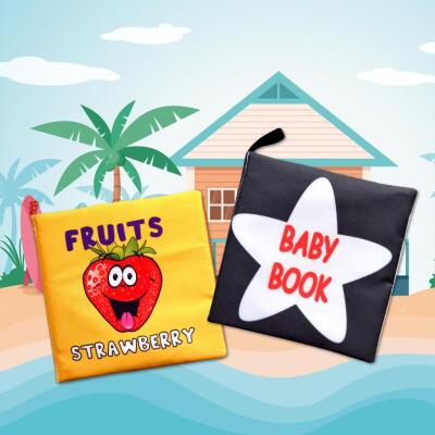 2 Kitap Tox İngilizce Meyveler Ve Siyah - Beyaz Bebek Kumaş Sessiz Kitap E126 E136 - Bez Kitap , Eğitici Oyuncak
