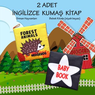 2 Kitap Tox İngilizce Orman Hayvanları Ve Siyah Beyaz Bebek Kumaş Sessiz Kitap E127 E136 - Bez Kitap , Eğitici Oyuncak