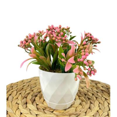 Yapay Çiçek Beyaz Saksıda Pembe Boncuk Cipso Çiçeği Dekoratif Masa Çiçeği
