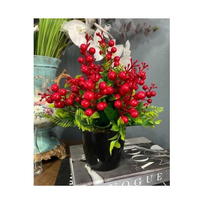 Yapay Çiçek Yılbaşı Çiçeği Kırmızı Kokina Siyah Saksıda 14 Dal 30*25Cm