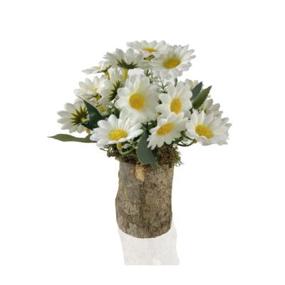 Yapay Çiçek Doğal Kütük Odun Saksıda Beyaz Papatya Masa Çiçeği