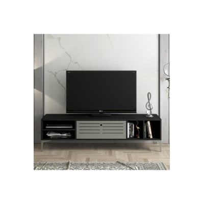 Era Premium Gümüş Altıgen Desen Metal Ayaklı Metal Kapaklı Dolaplı Tv Ünitesi - Wood Siyah / Gümüş