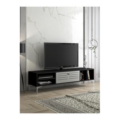 Era Premium Gümüş Altıgen Desen Metal Ayaklı Metal Kapaklı Dolaplı Tv Ünitesi - Wood Siyah / Gümüş
