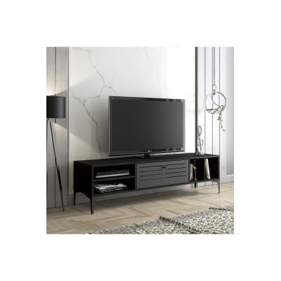 Era Premium Altıgen Desen Metal Ayaklı Metal Kapaklı Dolaplı Tv Ünitesi-Wood Siyah/Siyah