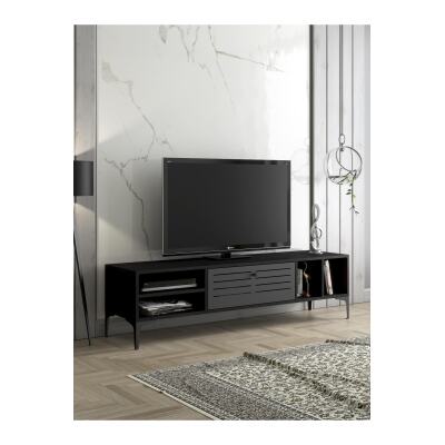 Era Premium Altıgen Desen Metal Ayaklı Metal Kapaklı Dolaplı Tv Ünitesi-Wood Siyah/Siyah