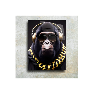 Kulaklıklı Goril Cam Tablo Duvar Dekoru