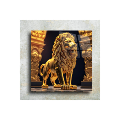 Gold Altın Sarısı Aslan Cam Tablo Duvar Dekoru
