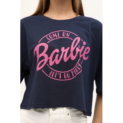 Kadın Lacivert Barbie Baskılı Crop T-Shirt