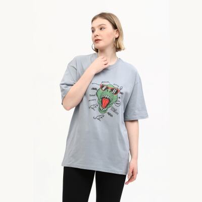 %100 Pamuk Baskılı Relaxed/Geniş Rahat Kesim Bisiklet Yaka Örme T-Shirt