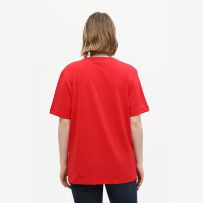 Kırmızı %100 Pamuk Palmiye Cep Detaylı Baskılı Basic Bisiklet Yaka Örme T-Shirt