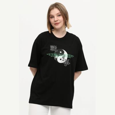 Unisex Kadın Siyah %100 Pamuk Baskılı Oversize Dik Yaka Örme T-Shirt
