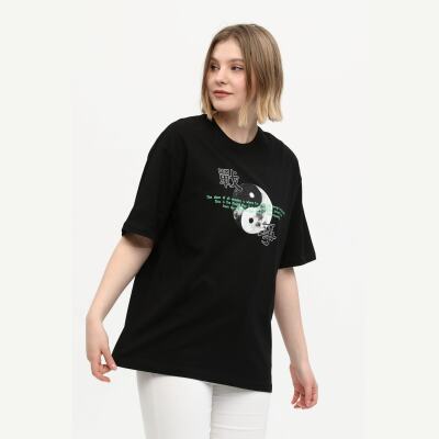 Unisex Kadın Siyah %100 Pamuk Baskılı Oversize Dik Yaka Örme T-Shirt