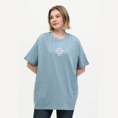 Unisex Turkuaz %100 Pamuk Baskılı Oversize Dik Yaka Örme T-Shirt