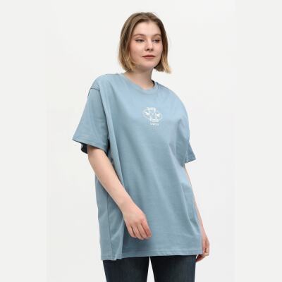 Unisex Turkuaz %100 Pamuk Baskılı Oversize Dik Yaka Örme T-Shirt