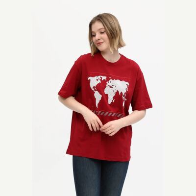 Unisex Kırmızı %100 Pamuk Baskılı Oversize Dik Yaka Örme T-Shirt