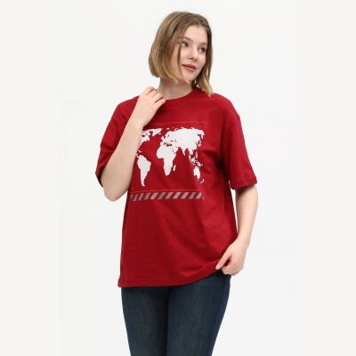 Unisex Kırmızı %100 Pamuk Baskılı Oversize Dik Yaka Örme T-Shirt