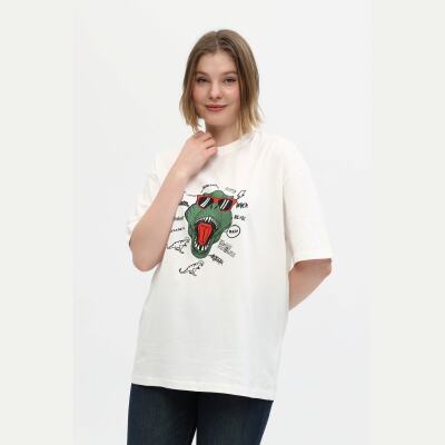 Unisex Beyaz %100 Pamuk Baskılı Oversize Dik Yaka Örme T-Shirt