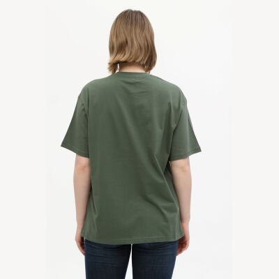 Unisex Haki %100 Pamuk Baskılı Oversize Dik Yaka Örme T-Shirt