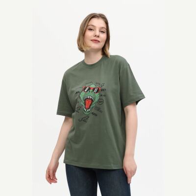 Unisex Haki %100 Pamuk Baskılı Oversize Dik Yaka Örme T-Shirt