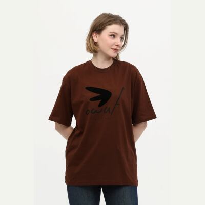 Unisex Kahverengi %100 Pamuk Baskılı Oversize Dik Yaka Örme T-Shirt