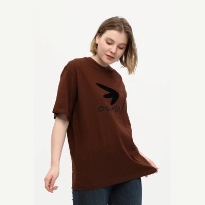 Unisex Kahverengi %100 Pamuk Baskılı Oversize Dik Yaka Örme T-Shirt