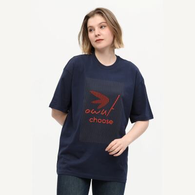 Unisex Lacivert %100 Pamuk Baskılı Oversize Dik Yaka Örme T-Shirt
