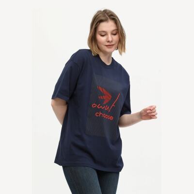 Unisex Lacivert %100 Pamuk Baskılı Oversize Dik Yaka Örme T-Shirt