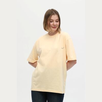 Unisex Sarı %100 Pamuk Baskılı Oversize Dik Yaka Örme T-Shirt