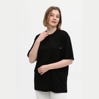 Unisex Siyah %100 Pamuk Baskılı Oversize Dik Yaka Örme T-Shirt