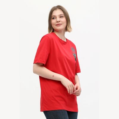 Kadın Kırmızı %100 Pamuk Baskılı Oversize Dik Yaka Örme T-Shirt