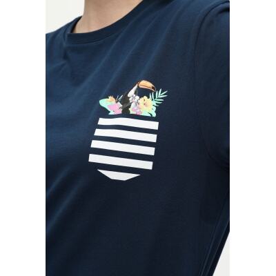 Kadın Lacivert %100 Pamuk Baskılı Oversize Dik Yaka Örme T-Shirt