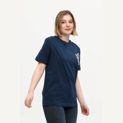 Kadın Lacivert %100 Pamuk Baskılı Oversize Dik Yaka Örme T-Shirt