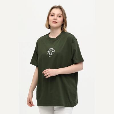 Unisex Yeşil %100 Pamuk Baskılı Oversize Dik Yaka Örme T-Shirt