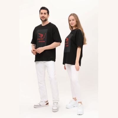 Owut Baskı Detaylı Unisex Siyah T-Shirt