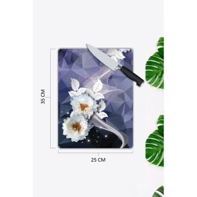 Beyaz Çiçekler | Cam Kesme Tahtası | 25 X 35 Cm