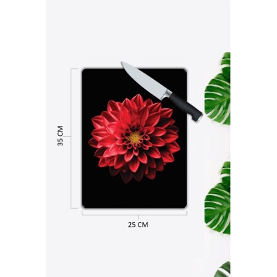 Kırmızı Çiçek | Cam Kesme Tahtası | 25 X 35 Cm