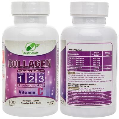 Yurdavit Set 100 Tablet Hidrolize Collagen Type 1-2-3 Hyaluronic Acid Vitamin C Vitamini 1000 Mg