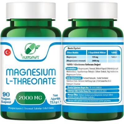 Yurdavit Magnesium L-Threonate 2000 Mg 2X90 Vegan Kapsül Magnezyum 159 Mg Magnezyum L-Treonat