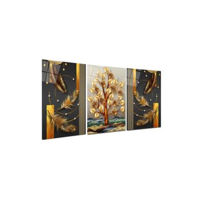 Gold Gül Ağacı Triple Cam Tablo - Ebedi Güzellik Ve Altın Parıltı